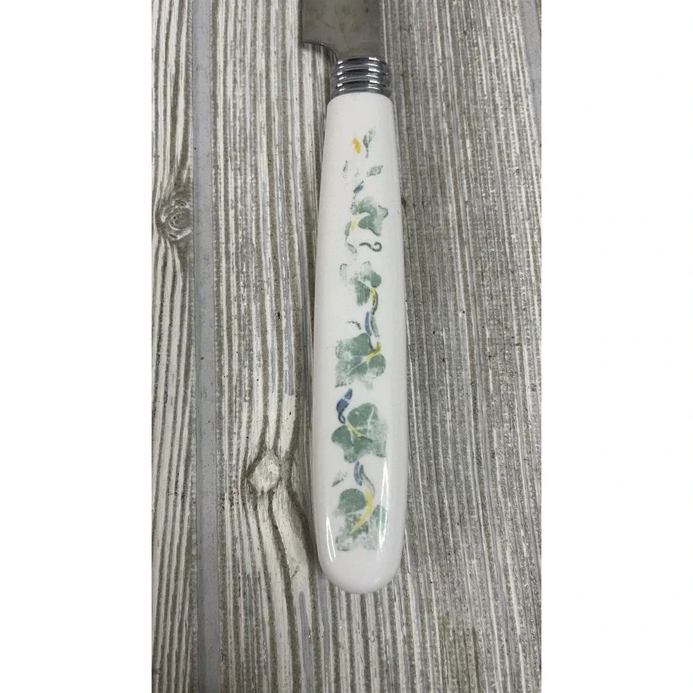 Vintage Ivy Pattern Steak Knives Set of 5 White Green Floral Stainless Steel
